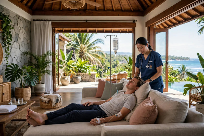 Healthcare professional providing mobile IV therapy at a Bali villa
